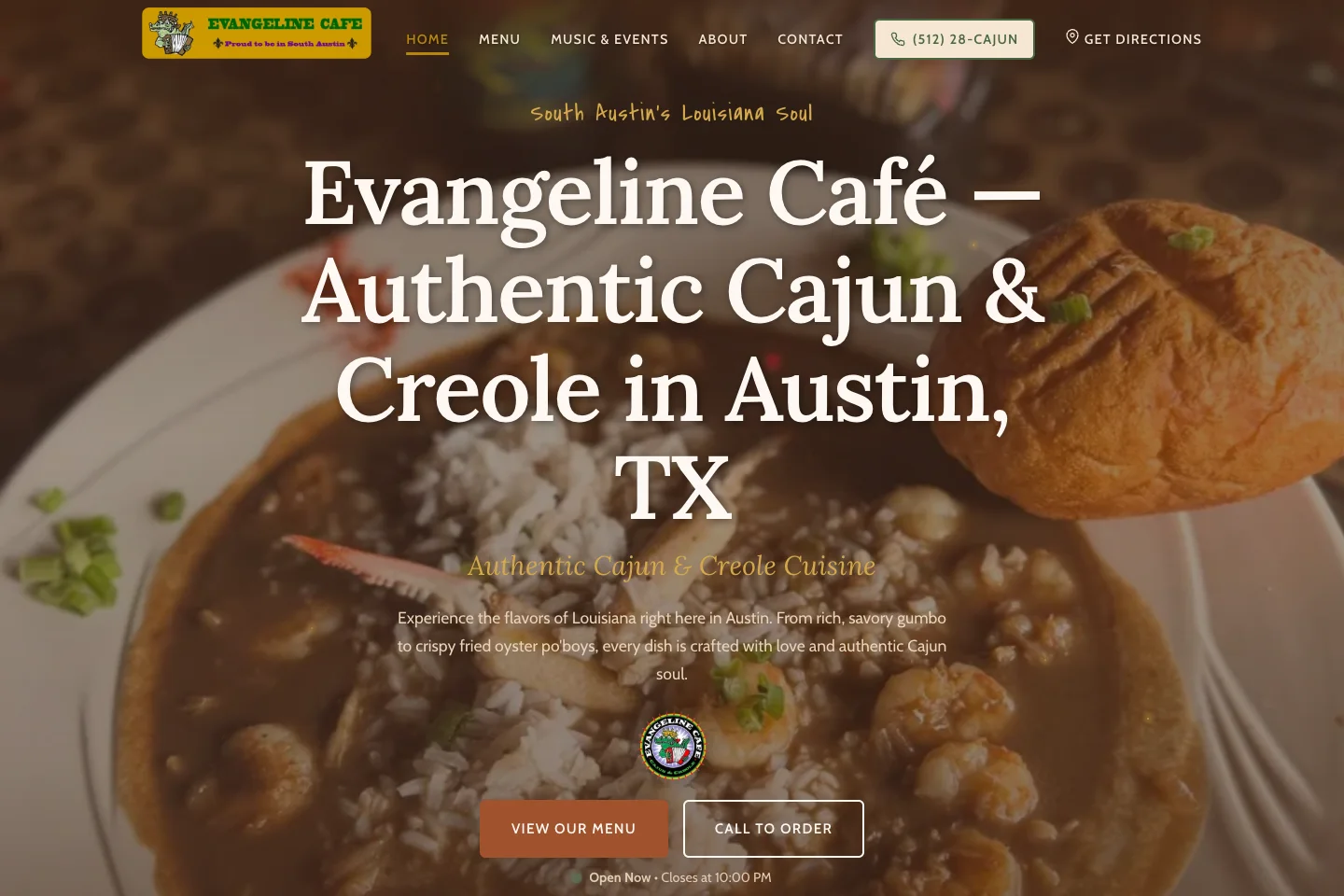 Evangeline Café’s homepage with Cajun food photography and links to the menu, music calendar, and venue details.