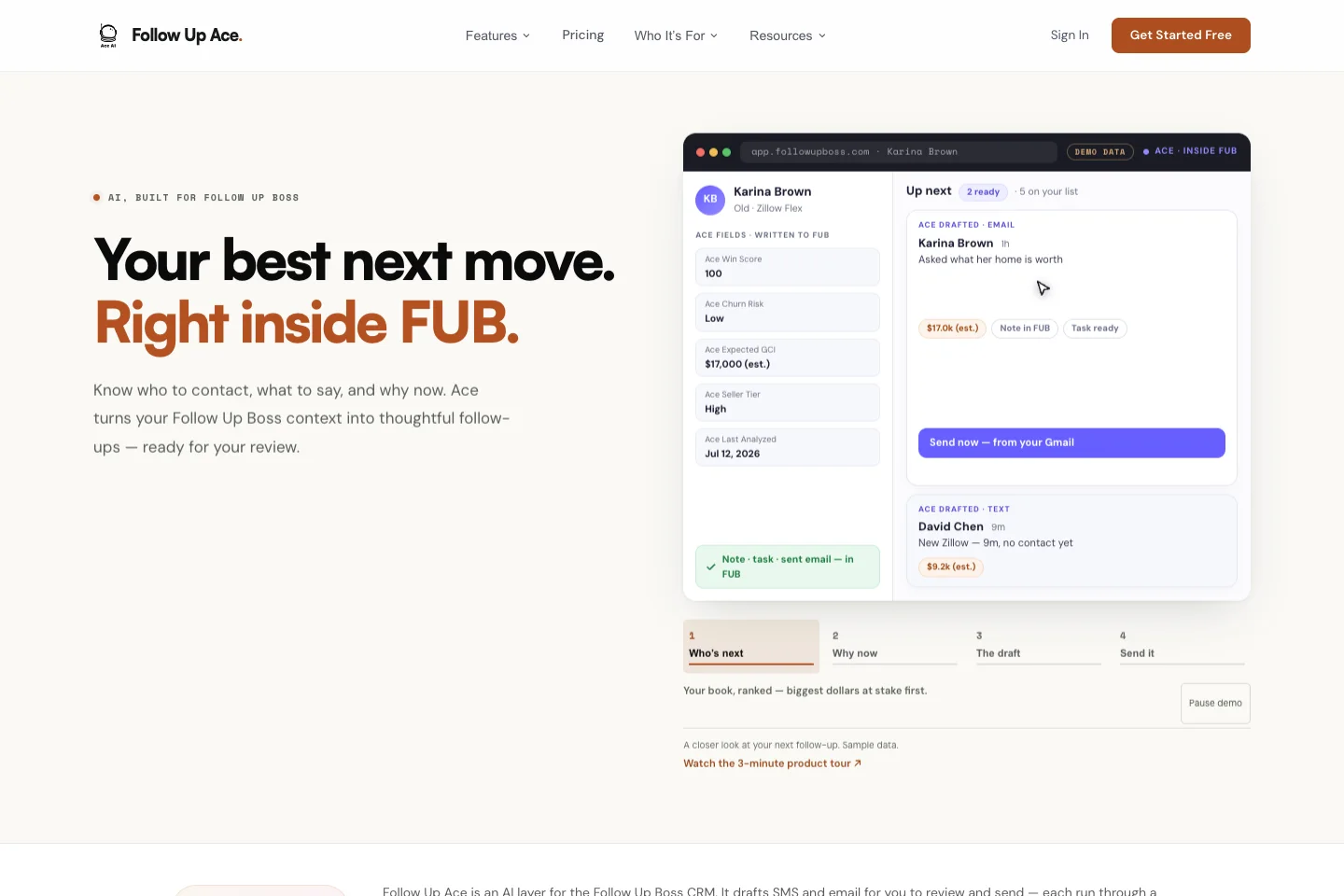 Follow Up Ace’s public homepage beside a sample CRM contact and prepared follow-up drafts.