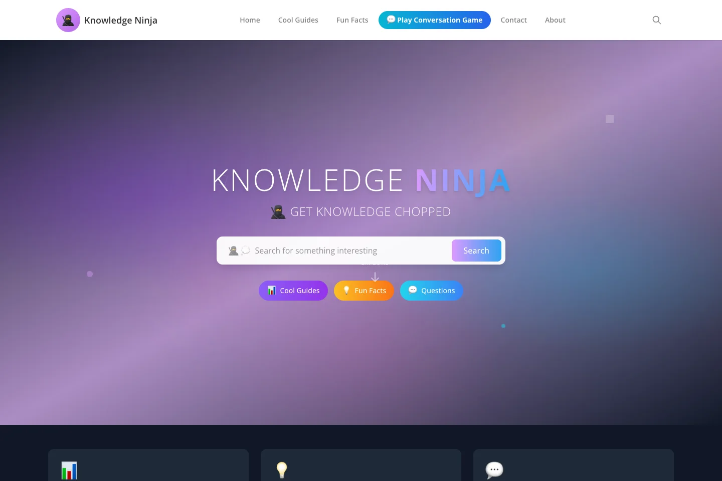 The Knowledge Ninja homepage at knowledgechop.com, with archive search, topic browsing, and a conversation-game link.