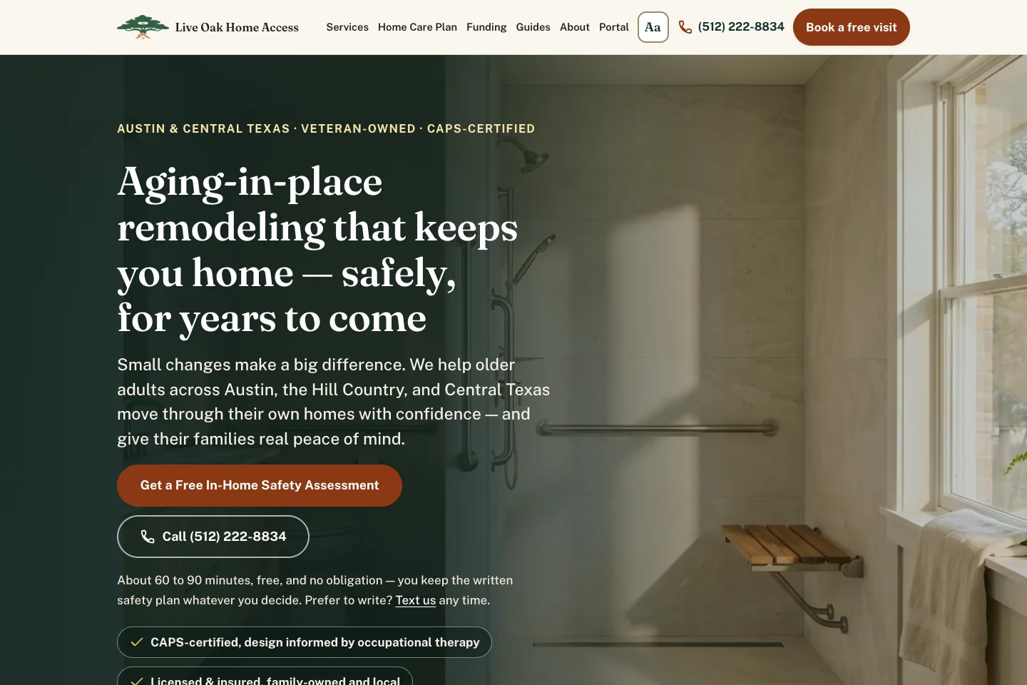 Live Oak Home Access’s homepage with home-modification services, booking, funding, care-plan, and portal navigation.