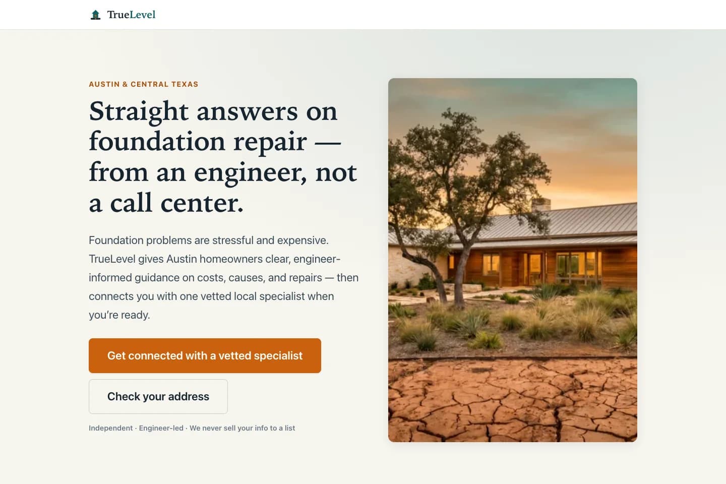 TrueLevel’s foundation guidance homepage with an address-check action and a Central Texas home photograph.