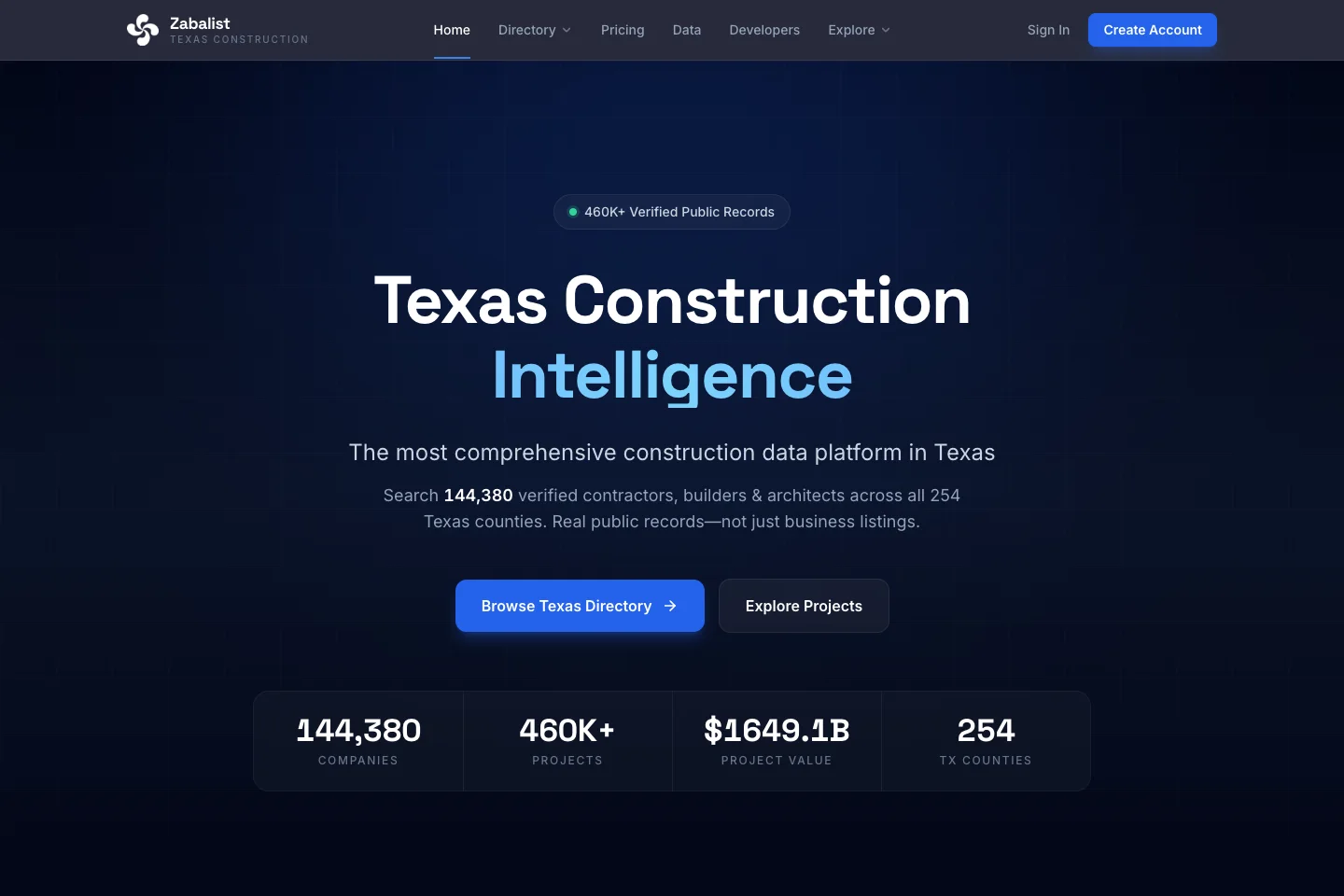 Zabalist’s Texas construction homepage with links to its company directory and project records.
